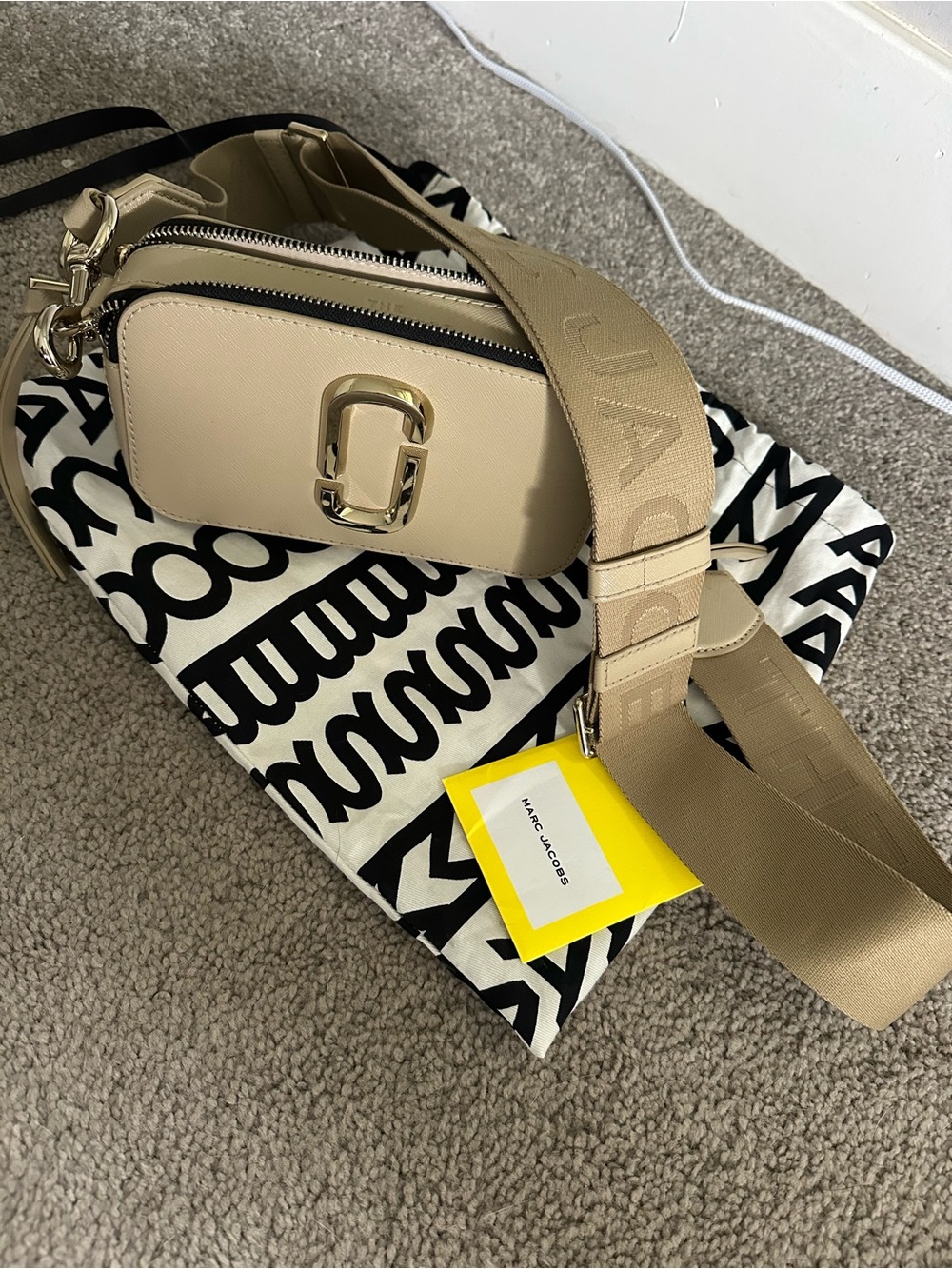 Marc Jacobs Beige Camera Crossbody with Gold Hardware and Logo Strap
